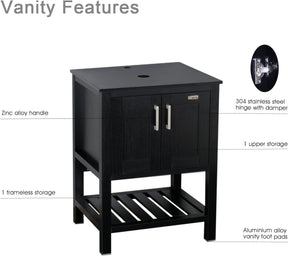 24'' Modern Bathroom Vanity Cabinet Combo Square Blue Glass Vessel Sink Combo 1.5 GPM Brass Faucet and Pop Up Drain and ORB Mounting Ring, W/Mirror