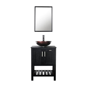24'' Modern Bathroom Vanity Cabinet Combo Square Blue Glass Vessel Sink Combo 1.5 GPM Brass Faucet and Pop Up Drain and ORB Mounting Ring, W/Mirror