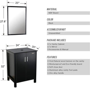 Eclife 24" Bathroom Vanity Combo Modern MDF Cabinet with Vanity Mirror Clear Round Tempered Glass Counter Top Vessel Sink with 1.5 GPM Faucet and Pop Up Drain