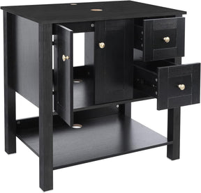 32” Bathroom Vanity Sink Combo Black Cabinet Vanity Brown Round Tempered Glass Vessel Sink & 1.5 GPM Water Save W/ORB Faucet & Solid Brass Pop Up Drain