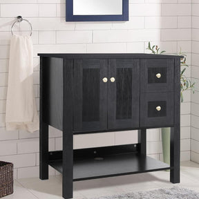 32” Bathroom Vanity Sink Combo Black Cabinet Vanity Brown Round Tempered Glass Vessel Sink & 1.5 GPM Water Save W/ORB Faucet & Solid Brass Pop Up Drain