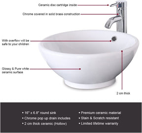 Bathroom Vessel Sink Combo Ceramic Bowl & Faucet & Pop Up Drain—White Round