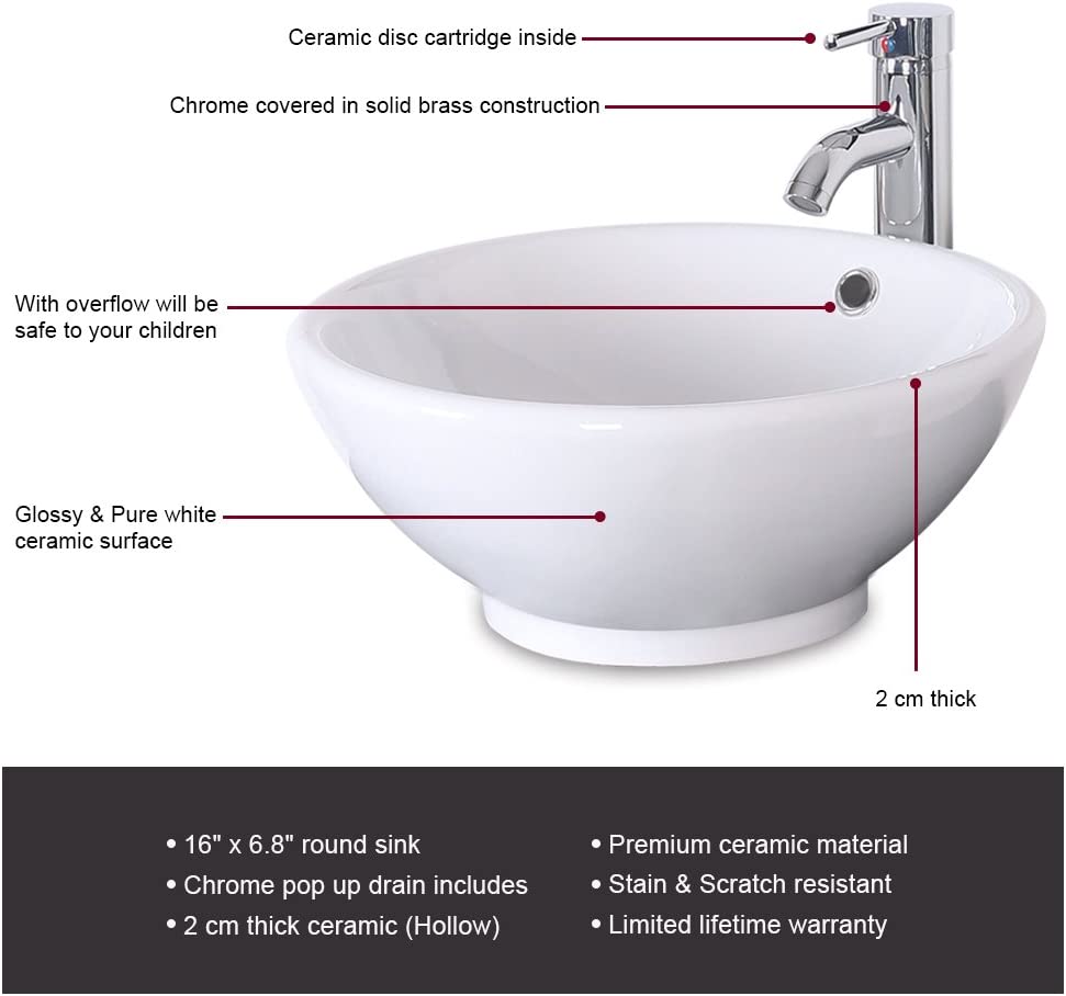 Eclife White Round Bathroom Ceramic Porcelain Vessel  Sink