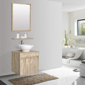 24” Bathroom Vanity Cabinet Wall Mounted Natural Cabinet Two Doors Pedestal Cabinet Vanity Set with Mirror