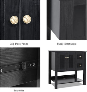 32” Bathroom Vanity Sink Combo Black Cabinet Vanity Brown Round Tempered Glass Vessel Sink & 1.5 GPM Water Save W/ORB Faucet & Solid Brass Pop Up Drain