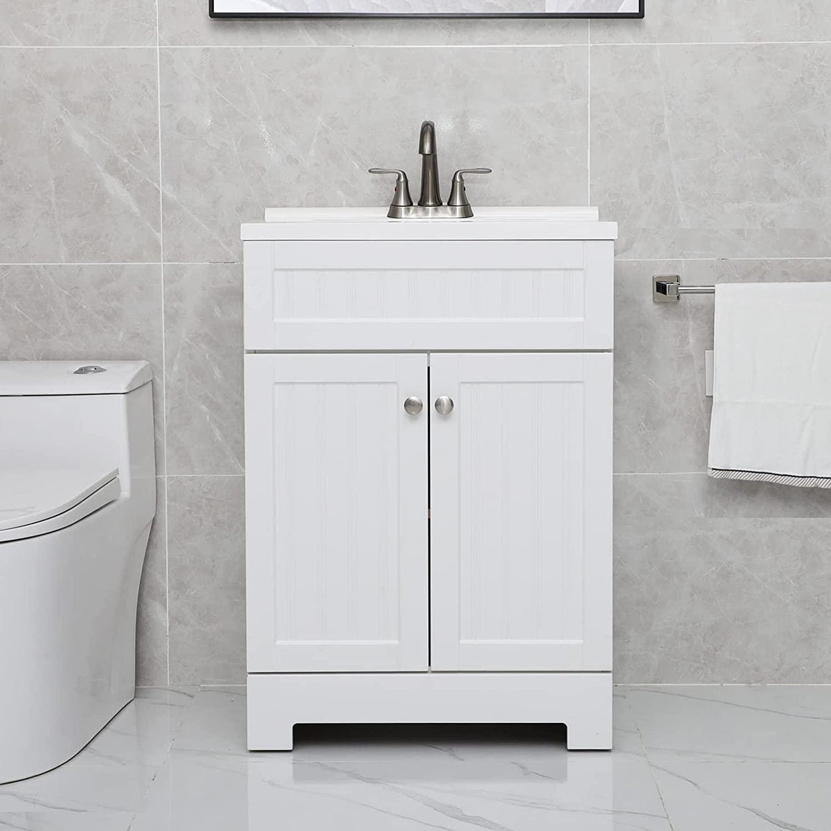 Eclife 24"-30" White Bathroom Vanity Cabinet Sink Combo W/Waterproof Resin Basin Countertop & Stainless Steel Faucet & Pop Up Drain
