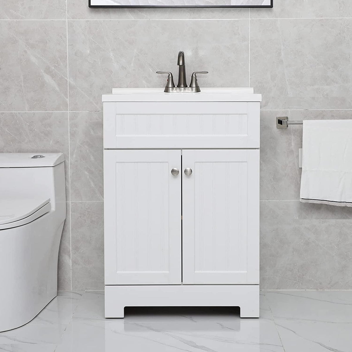 Eclife 24" -30" White Bathroom Vanity Cabinet Sink Combo W/Waterproof Resin Basin Countertop & Stainless Steel Faucet & Pop Up Drain