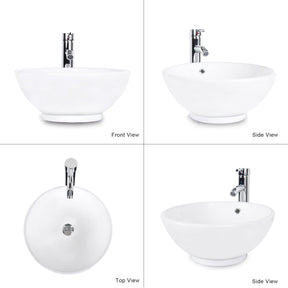 Bathroom Vessel Sink Combo Ceramic Bowl & Faucet & Pop Up Drain—White Round