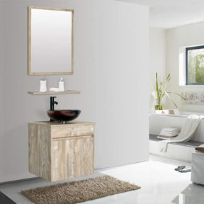 24” Bathroom Vanity Cabinet Wall Mounted Natural Cabinet Two Doors Pedestal Cabinet Vanity Set with Mirror