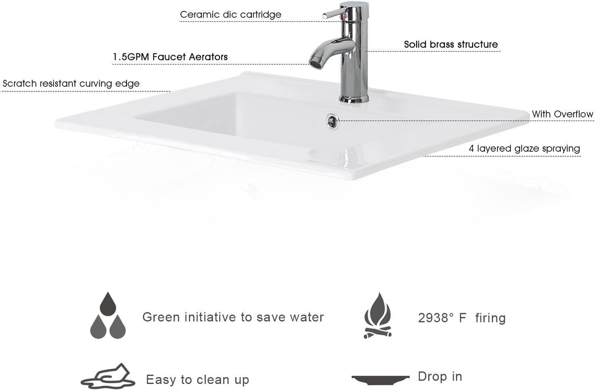 Drop in Rectangle 1.5 GPM Bathroom White Ceramic Sink Top Countertop with Chrome Faucet with Pop Up Drain