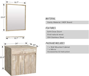 24” Bathroom Vanity Cabinet Wall Mounted Natural Cabinet Two Doors Pedestal Cabinet Vanity Set with Mirror