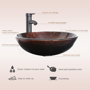 Bathroom Vessel Sink Combo Tempered Glass Bowl & Faucet & Pop Up Drain—Brown Round