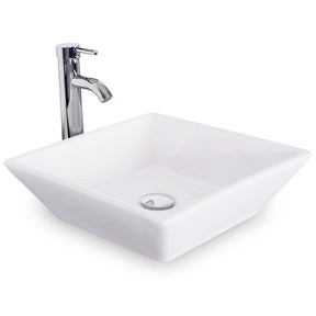 Bathroom Vessel Sink Combo Ceramic Bowl & Faucet & Pop Up Drain—White Square