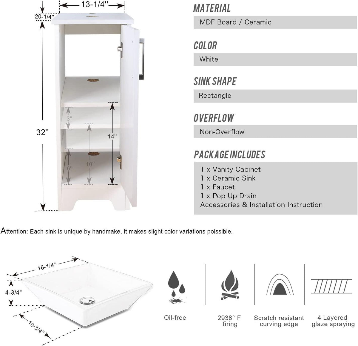 Eclife 14" Bathroom Vanity and Sink Combo White Small Vanity Square Ceramic Vessel Sink & 1.5 GPM Water Save Faucet & Solid Brass Pop Up Drain