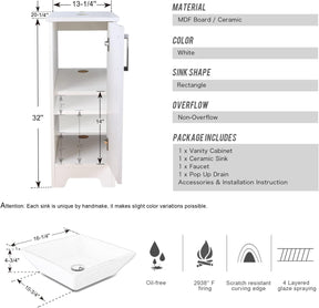 14" Bathroom Vanity and Sink Combo White Small Vanity Square Ceramic Vessel Sink & 1.5 GPM Water Save Faucet & Solid Brass Pop Up Drain