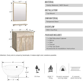 24” Bathroom Vanity Cabinet Wall Mounted Natural Cabinet Two Doors Pedestal Cabinet Vanity Set with Mirror