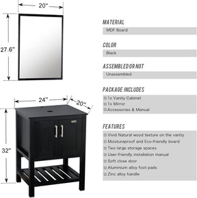 Eclife 60” Black Modern Stand Pedestal Bathroom Vanity Combo, W/Mirror