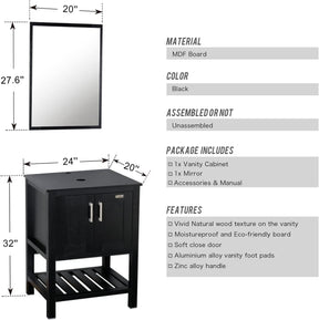 24'' Modern Bathroom Vanity Cabinet Combo Square Blue Glass Vessel Sink Combo 1.5 GPM Brass Faucet and Pop Up Drain and ORB Mounting Ring, W/Mirror