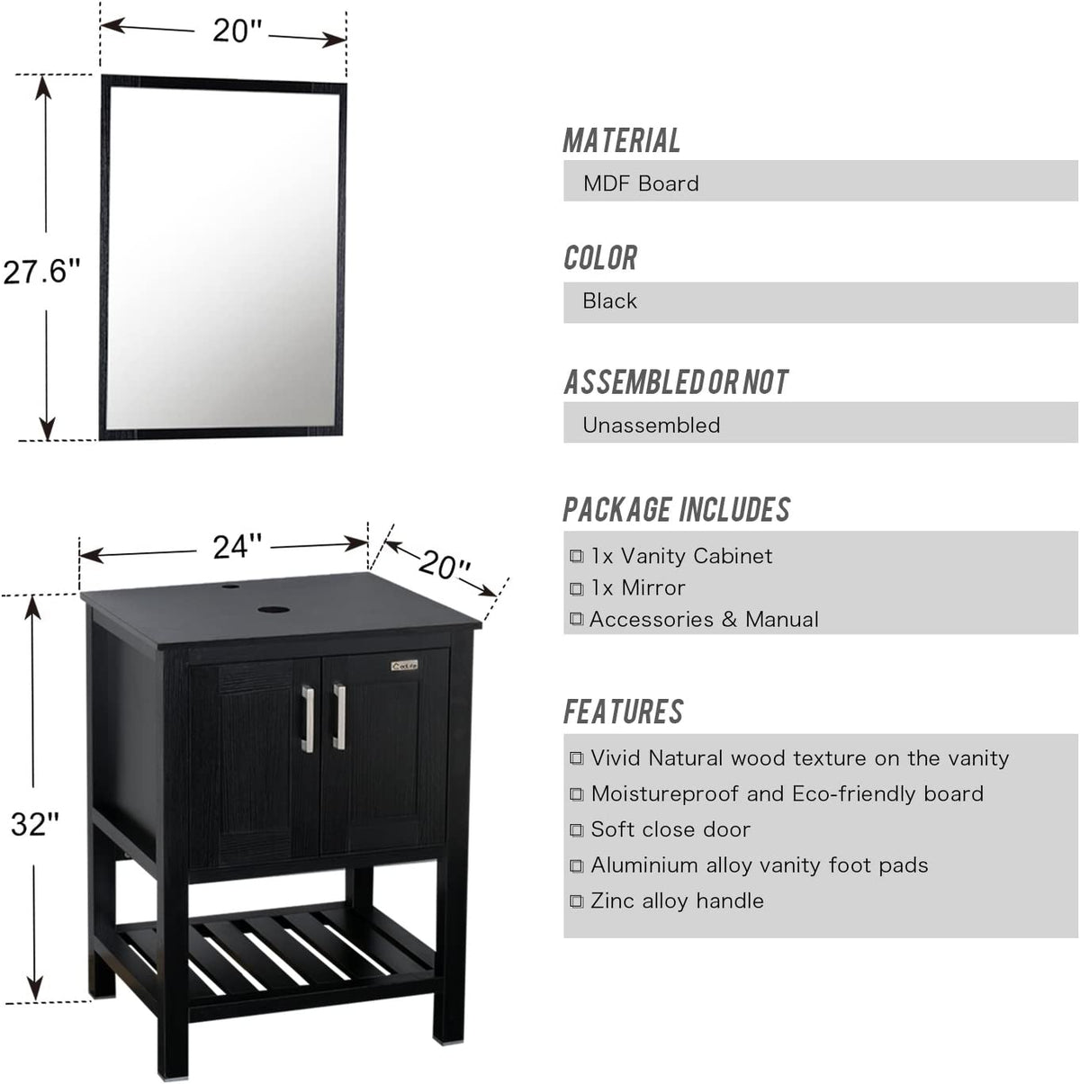 48” Bathroom Vanity Sink Combo Black W/Side Cabinet, Square White Ceramic Vessel Sink, Chrome Bathroom Solid Brass Faucet and Pop Up Drain Combo, with Mirror