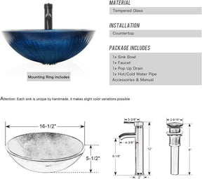 Eclife 36” Bathroom Vanity Sink Combo Grey W/Side Cabinet Vanity Round Blue Tempered Glass Vessel Sink and ORB Solid Brass Faucet and Pop Up Drain, W/Mirror
