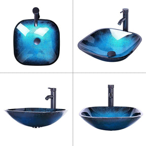 32” Bathroom Vanity Sink Combo Black Cabinet Vanity Brown Round Tempered Glass Vessel Sink & 1.5 GPM Water Save W/ORB Faucet & Solid Brass Pop Up Drain