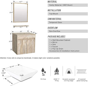 24” Bathroom Vanity Cabinet Wall Mounted Natural Cabinet Two Doors Pedestal Cabinet Vanity Set with Mirror