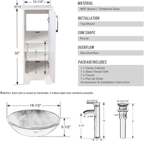 14" Bathroom Vanity and Sink Combo White Small Vanity Square Ceramic Vessel Sink & 1.5 GPM Water Save Faucet & Solid Brass Pop Up Drain