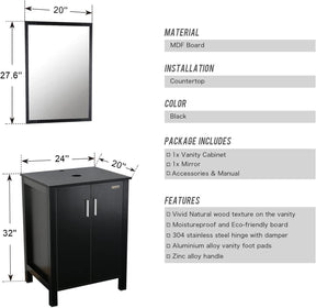 Eclife 24" Bathroom Vanity Combo Modern MDF Cabinet with Vanity Mirror Clear Round Tempered Glass Counter Top Vessel Sink with 1.5 GPM Faucet and Pop Up Drain