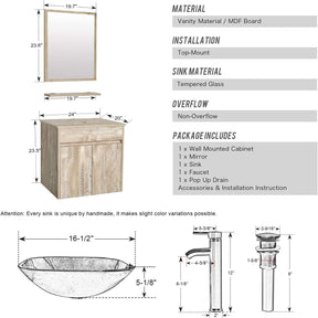 24” Bathroom Vanity Cabinet Wall Mounted Natural Cabinet Two Doors Pedestal Cabinet Vanity Set with Mirror