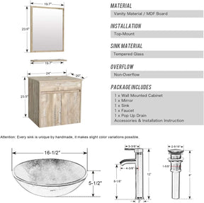 24” Bathroom Vanity Cabinet Wall Mounted Natural Cabinet Two Doors Pedestal Cabinet Vanity Set with Mirror