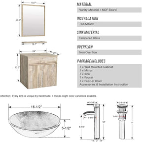 24” Bathroom Vanity Cabinet Wall Mounted Natural Cabinet Two Doors Pedestal Cabinet Vanity Set with Mirror