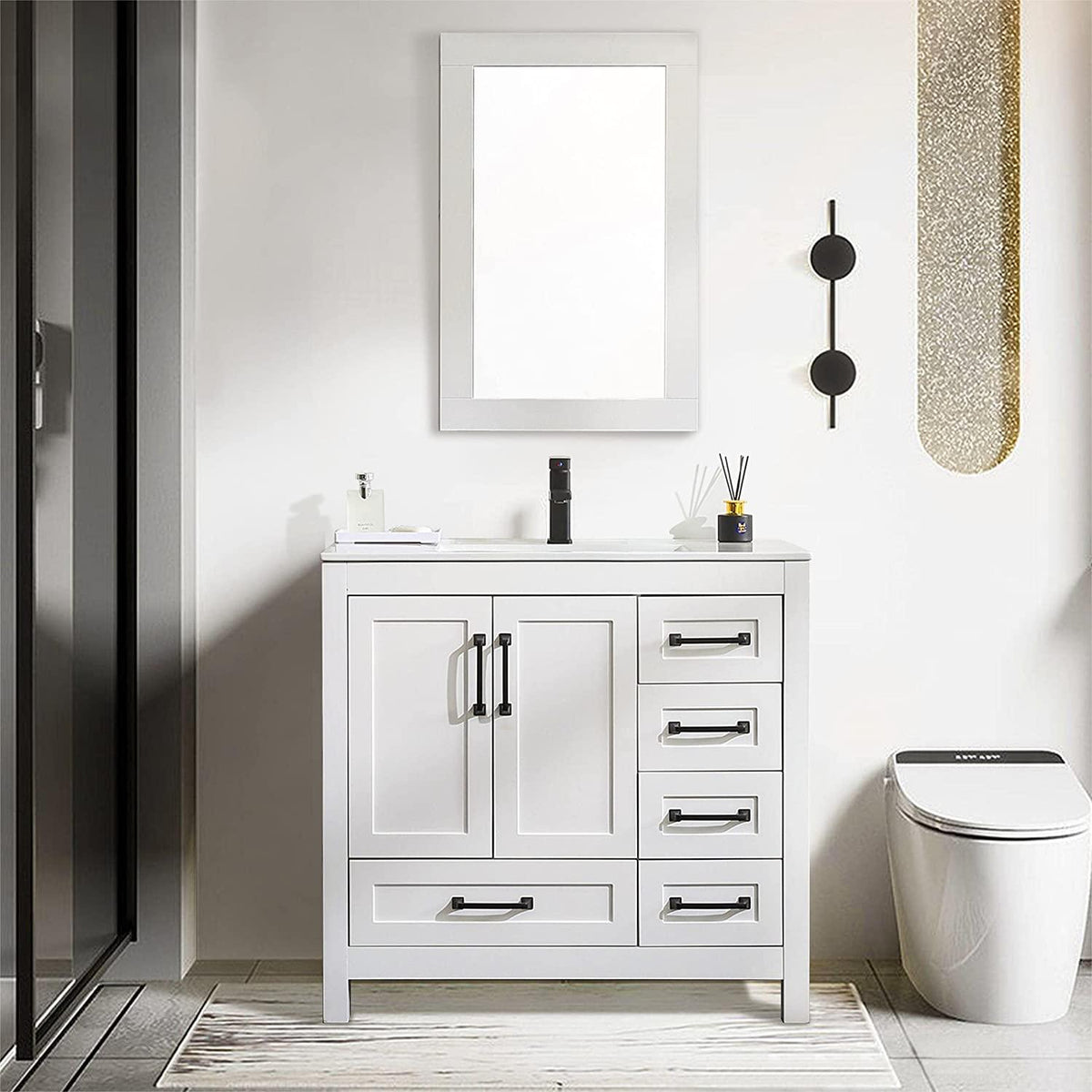 Eclife 36'' Bathroom Vanities Cabinet with Sink Combo Set,Matte Black Faucet,Undermount Ceramic Sink with Thickened Wood,