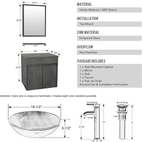 Eclife 24” Morden Grey Floating Vanity With Vessel Sink Set With Bathroom Mirror