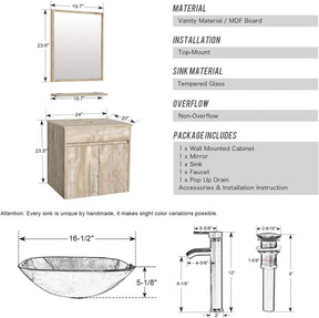 24” Bathroom Vanity Cabinet Wall Mounted Natural Cabinet Two Doors Pedestal Cabinet Vanity Set with Mirror