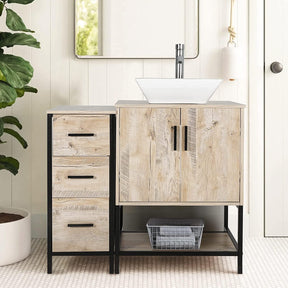 Eclife 36" Oak Bathroom Vanity Cabinet Sink Combo W/Free Standing 3 Drawers Side Cabinet