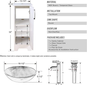 14" Bathroom Vanity and Sink Combo White Small Vanity Square Ceramic Vessel Sink & 1.5 GPM Water Save Faucet & Solid Brass Pop Up Drain