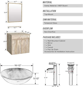 24” Bathroom Vanity Cabinet Wall Mounted Natural Cabinet Two Doors Pedestal Cabinet Vanity Set with Mirror
