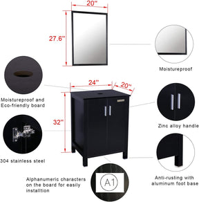 Eclife 60” Black Modern Double Sinks Bathroom Vanity Combo W/Side Cabinet, W/Mirror