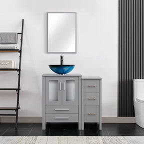 Eclife 36” Bathroom Vanity Sink Combo Grey W/Side Cabinet Vanity Round Blue Tempered Glass Vessel Sink and ORB Solid Brass Faucet and Pop Up Drain, W/Mirror