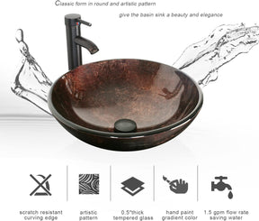 32” Bathroom Vanity Sink Combo Black Cabinet Vanity Brown Round Tempered Glass Vessel Sink & 1.5 GPM Water Save W/ORB Faucet & Solid Brass Pop Up Drain