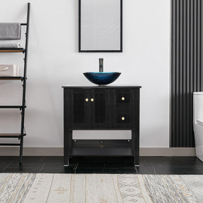 32” Bathroom Vanity Sink Combo Black Cabinet Vanity Brown Round Tempered Glass Vessel Sink & 1.5 GPM Water Save W/ORB Faucet & Solid Brass Pop Up Drain
