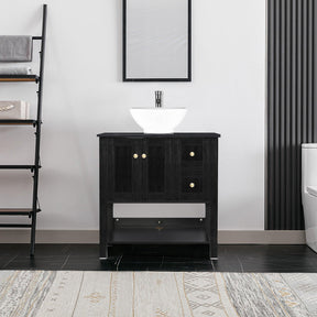 32” Bathroom Vanity Sink Combo Black Cabinet Vanity Brown Round Tempered Glass Vessel Sink & 1.5 GPM Water Save W/ORB Faucet & Solid Brass Pop Up Drain
