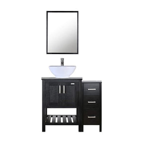 36” Bathroom Vanity Sink Combo Black W/Side Cabinet with Round White Ceramic Vessel Sink, Chrome Bathroom Solid Brass Faucet and Pop Up Drain Combo, W/Mirror