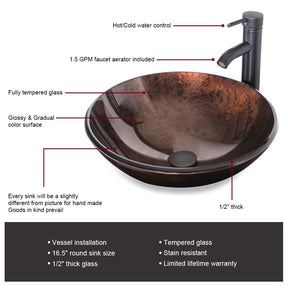 Bathroom Vessel Sink Combo Tempered Glass Bowl & Faucet & Pop Up Drain—Brown Round