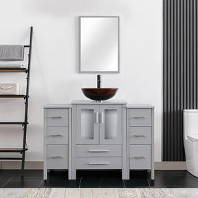 48" Bathroom Vanity Combo W/ Side Cabinet Modern Pedestal Ceramic Vessel Sink, Chrome Bathroom Solid Brass Faucet & Pop Up Drain, W/Mirror