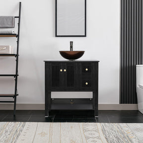 32” Bathroom Vanity Sink Combo Black Cabinet Vanity Brown Round Tempered Glass Vessel Sink & 1.5 GPM Water Save W/ORB Faucet & Solid Brass Pop Up Drain