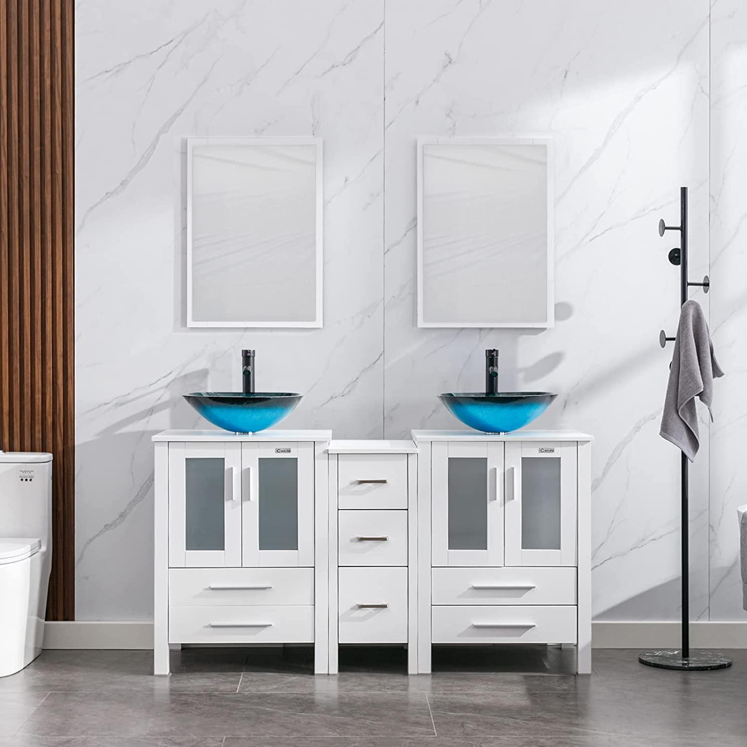 Eclife 60" Double Sinks Morden White Bathroom Vanity with Pedestal  Side Cabinet And Mirror Combo