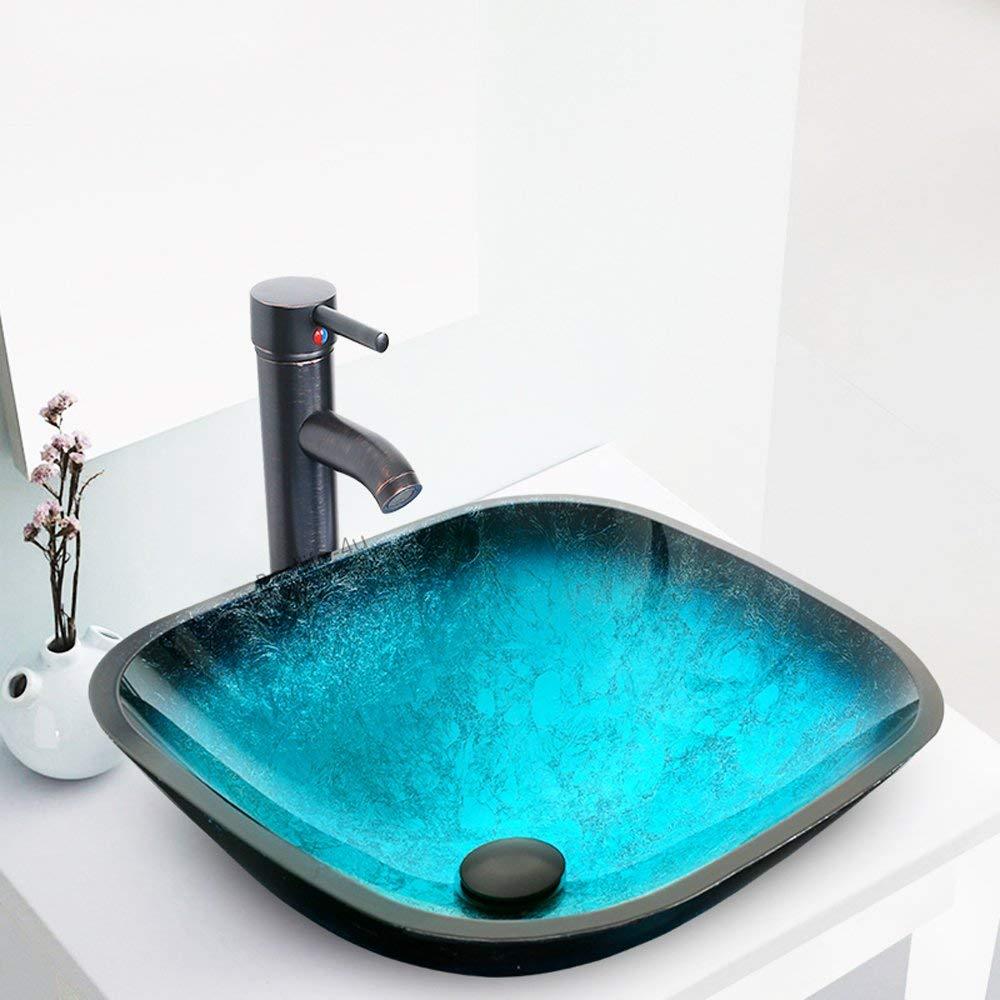 Bathroom Vessel Sink Combo Tempered Glass Bowl & Faucet & Pop Up Drain—Turquoise Square