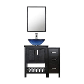 36” Bathroom Vanity Sink Combo Black W/Side Cabinet with Round White Ceramic Vessel Sink, Chrome Bathroom Solid Brass Faucet and Pop Up Drain Combo, W/Mirror