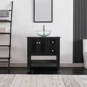 32” Bathroom Vanity Sink Combo Black Cabinet Vanity Brown Round Tempered Glass Vessel Sink & 1.5 GPM Water Save W/ORB Faucet & Solid Brass Pop Up Drain